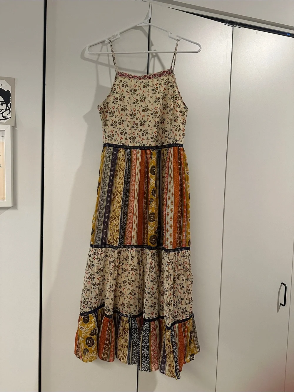 Bohemian Tiered Midi Dress in Cream Floral and Multi Stripe - Picture 1 of 10